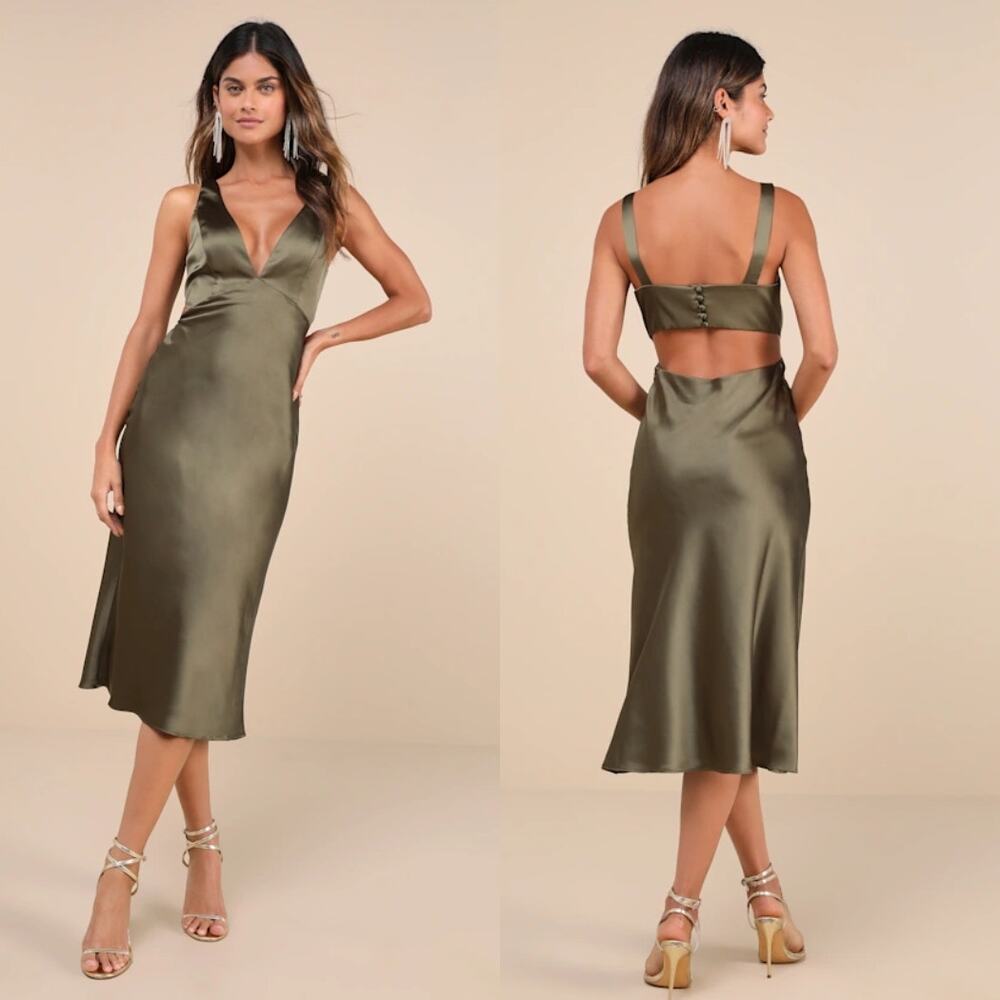 NWT Lulus Unmatched Elegance Olive Satin Sleeveless Midi Dress Cocktail Party S